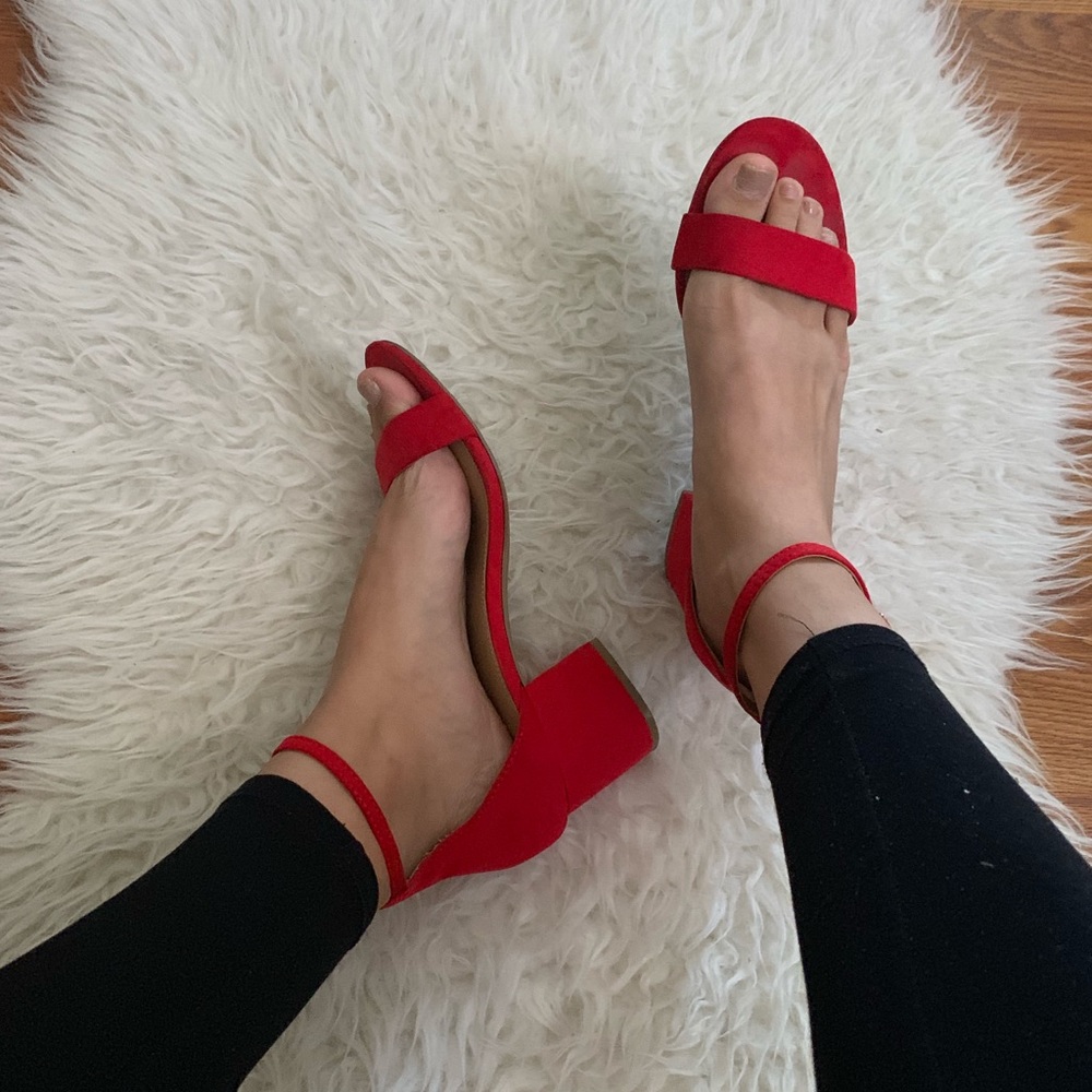 Red block heels. Very comfortable!